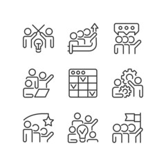 Collaboration pixel perfect linear icons set. Partnership for cooperating on process. Conflict management. Customizable thin line symbols. Isolated vector outline illustrations. Editable stroke