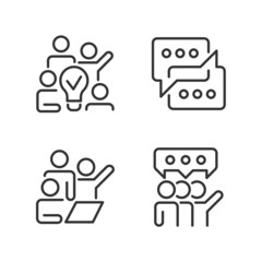 Group tasks pixel perfect linear icons set. Sharing opinions. Communication for collaborative process. Customizable thin line symbols. Isolated vector outline illustrations. Editable stroke - obrazy, fototapety, plakaty