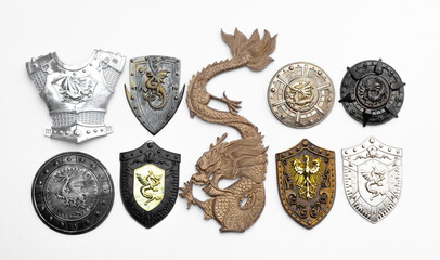 shields with dragon emblem isolated on white background