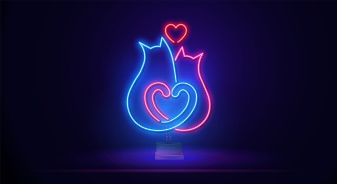Neon sign in the form of two cats and a heart. A printing house with a cat, wine and hearts. Illustration in the style of an isolated line for Valentine's day, dating.