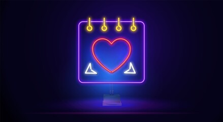 valentine's day. 3d neon calendar sign on the stand. Realistic neon sign. Banner, logo, emblem and label of the day of love. Bright signboard, light banner.