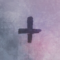 Cross made from ashes. Symbolic of Ash Wednesday. Stylized illustration in hues of violet and purple. 