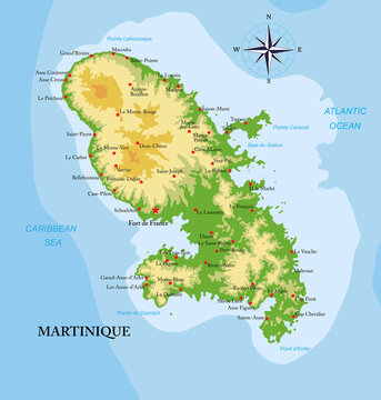 Martinique island highly detailed physical map