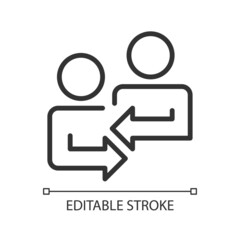 Mutual feedback pixel perfect linear icon. Sharing opinions with coworker on business project. Thin line illustration. Contour symbol. Vector outline drawing. Editable stroke. Arial font used