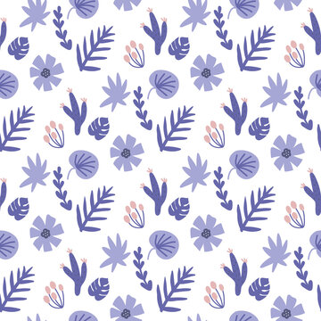 Very peri floral pattern. Tropicla jungle leaves in very peri color. Summer seamless background. Hand drawn natural fabric design. Vector illustration.