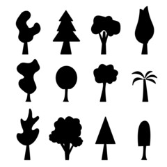 Black silhouette shadow tree isolated set. Vector flat graphic design cartoon illustration. Tree icon. Forest symbol.