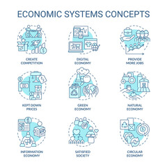 Economic systems turquoise concept icons set. Manufacturing and distribution idea thin line color illustrations. Isolated symbols. Editable stroke. Roboto-Medium, Myriad Pro-Bold fonts used