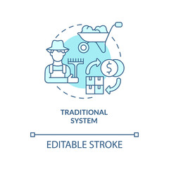 Traditional system turquoise concept icon. Bartering goods. Economic systems types abstract idea thin line illustration. Isolated outline drawing. Editable stroke. Arial, Myriad Pro-Bold fonts used