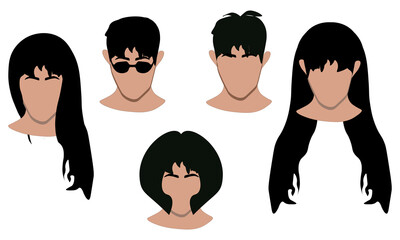 Illustration of a young beautiful women and man portraits with different hairstyle.Set of avatar and figure stock symbol for web.