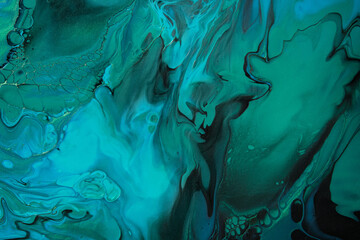 Fluid Art. Green and blue abstract wave swirls on black background. Marble effect background or texture - obrazy, fototapety, plakaty