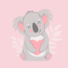 Cute funny cartoon Koala in love. Animals character with hearts. Valentine day romantic drawing. Kids baby design.