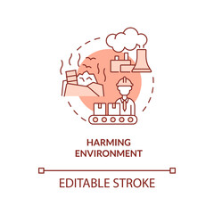 Harming environment red concept icon. Emissions, waste dumping. Market economy cons abstract idea thin line illustration. Isolated outline drawing. Editable stroke. Arial, Myriad Pro-Bold fonts used