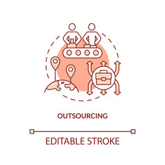 Outsourcing red concept icon. Cheap workforce. Reduce costs. Market economy cons abstract idea thin line illustration. Isolated outline drawing. Editable stroke. Arial, Myriad Pro-Bold fonts used
