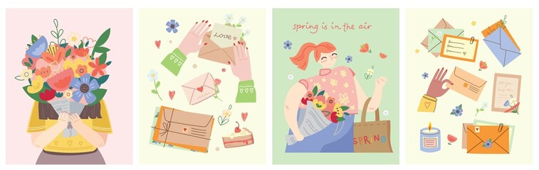 Spring is in the air. Cute girl holding a bouquet of flowers. Vector stock illustration. Design for the holiday of spring, birthday.