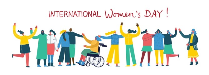 International Women's Day. Women in leadership, woman empowerment, gender equality concepts. Crowd of women of diverse age, races and occupation. Vector banner.