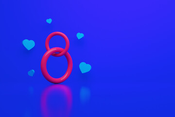 number 8 with hearts over blue background, postcard for 8 march, 3d render