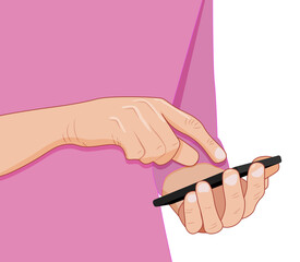  Vector Hand holding smartphone and  human wear pink t-shirt.  Finger touch. Human is using mobile phone. Human keep mobile phone. pink t-shirt.