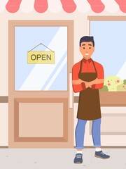 A smiling young man in an apron stands at the door of a shop or coffee shop. Vector illustration