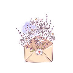 Chamomile and lavender flowers bouquet in envelop