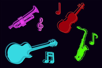 Jazz musical instrument set. guitar, violin, saxophone, trumpet with neon effect on a dark background. For the design of advertising banners, posters