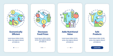 Advantages of gmo onboarding mobile app screen. Food issues walkthrough 4 steps graphic instructions pages with linear concepts. UI, UX, GUI template. Myriad Pro-Bold, Regular fonts used