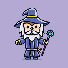 Cute wizard cartoon vector icon illustration logo mascot hand drawn concept trandy cartoon