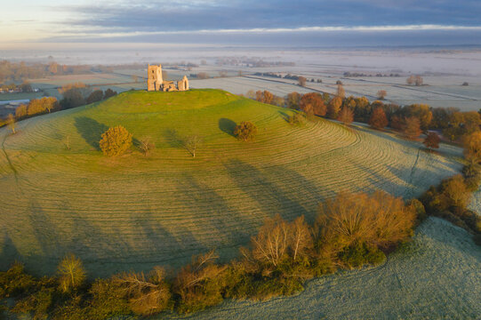 Aerial view of Burrow Mump Church on a beautiful autumn morning, Burrowbridge, Somerset, England