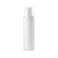 Vector mockup of a white container for facial cleanser. Realistic 3D illustration of a plastic bottle with a cap for cosmetics. Front view.