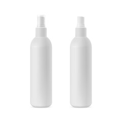 Vector mockup of a white container for facial cosmetics. Realistic 3D illustration of a plastic bottle with a transparent cap for moisturizing lotion, tonic. Front view.