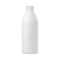 Vector 3d mockup of a plastic bottle for milk, kefir, dairy drinks with a cap on a white background. Packaging template for various liquids, medicines, cosmetics.