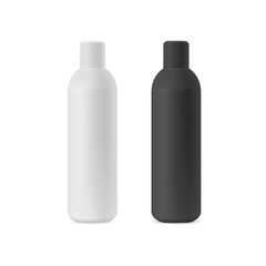 Vector mockup of white and black plastic containers for cosmetics. Realistic 3D illustration of a bottle with a cap for moisturizing lotion, tonic, shampoo, gel, or medical products. Front view.