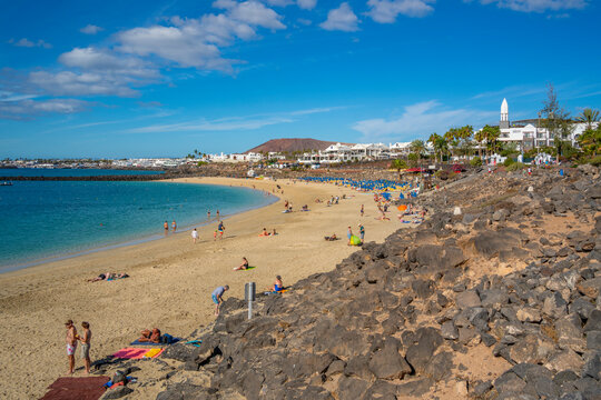 View of hotel overlooking Playa Dorada Beach, Playa Blanca, Lanzarote, Canary Islands