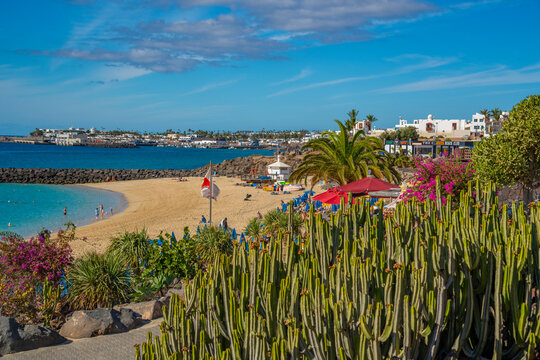 View of hotel overlooking Playa Dorada Beach, Playa Blanca, Lanzarote, Canary Islands