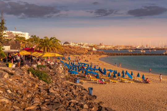 View of hotel and Rubicon Marina overlooking Playa Dorada Beach, Playa Blanca, Lanzarote, Canary Islands