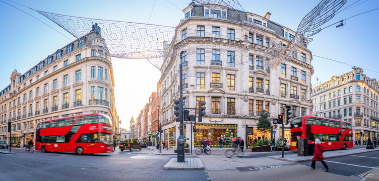 View of red buses on Regent Street at Christmas, London, England