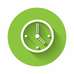 White Clock icon isolated with long shadow. Time symbol. Green circle button. Vector