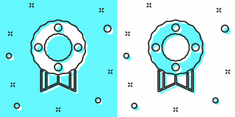 Obraz premium Black line Memorial wreath icon isolated on green and white background. Funeral ceremony. Random dynamic shapes. Vector