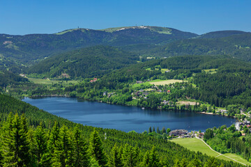 View from Hochfirst mountain over Titisee lake to Feldberg mountain, Black Forest, Baden-Wurttemberg, Germany