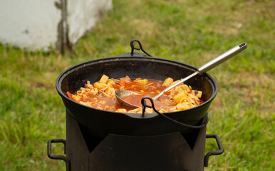 The dish of the peoples of Central Asia is lagman, cooked in nature in a cauldron on an open fire. Cover, flyer, layout design.