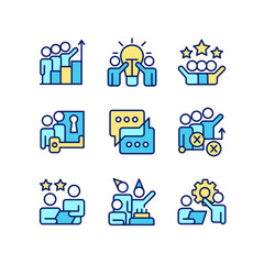 Team activity pixel perfect RGB color icons set. Cooperation and teamwork to work on project. Isolated vector illustrations. Simple filled line drawings collection. Editable stroke
