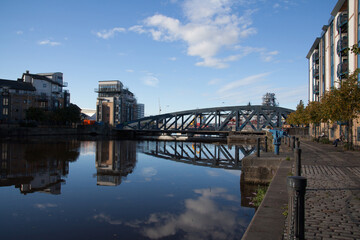 Views of the Victoria Swing Bridge at the Shore in Leith, Edinburgh in the UK