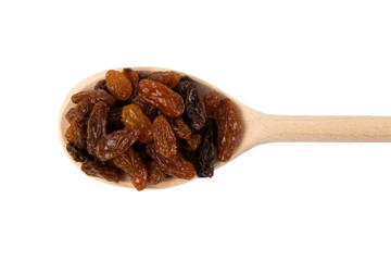  royal raisins on wooden spoon isolated on white background. Spice and food ingredients.