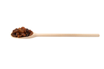  royal raisins on wooden spoon isolated on white background. Spice and food ingredients.