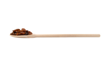  royal raisins on wooden spoon isolated on white background. Spice and food ingredients.