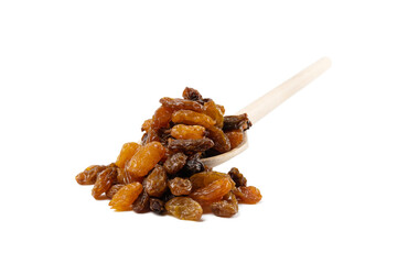  royal raisins on wooden spoon isolated on white background. Spice and food ingredients.