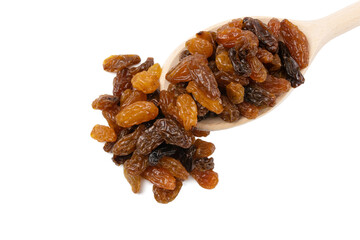  royal raisins on wooden spoon isolated on white background. Spice and food ingredients.