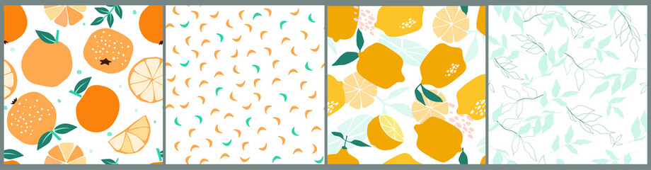 A set of seamless patterns of citrus fruits and simple abstract shapes. Print with lemons and oranges. Vector graphics.
