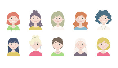 Set of female avatars. Girl icons are in flat style. Portraits of women. Vector illustration