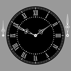 Round black dial with Roman numerals and hands. Vector illustration