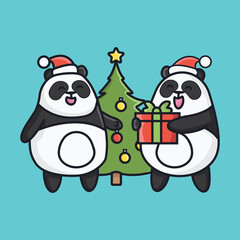 Cute panda on christmast cartoon vector icon illustration logo mascot hand drawn concept trandy cartoon